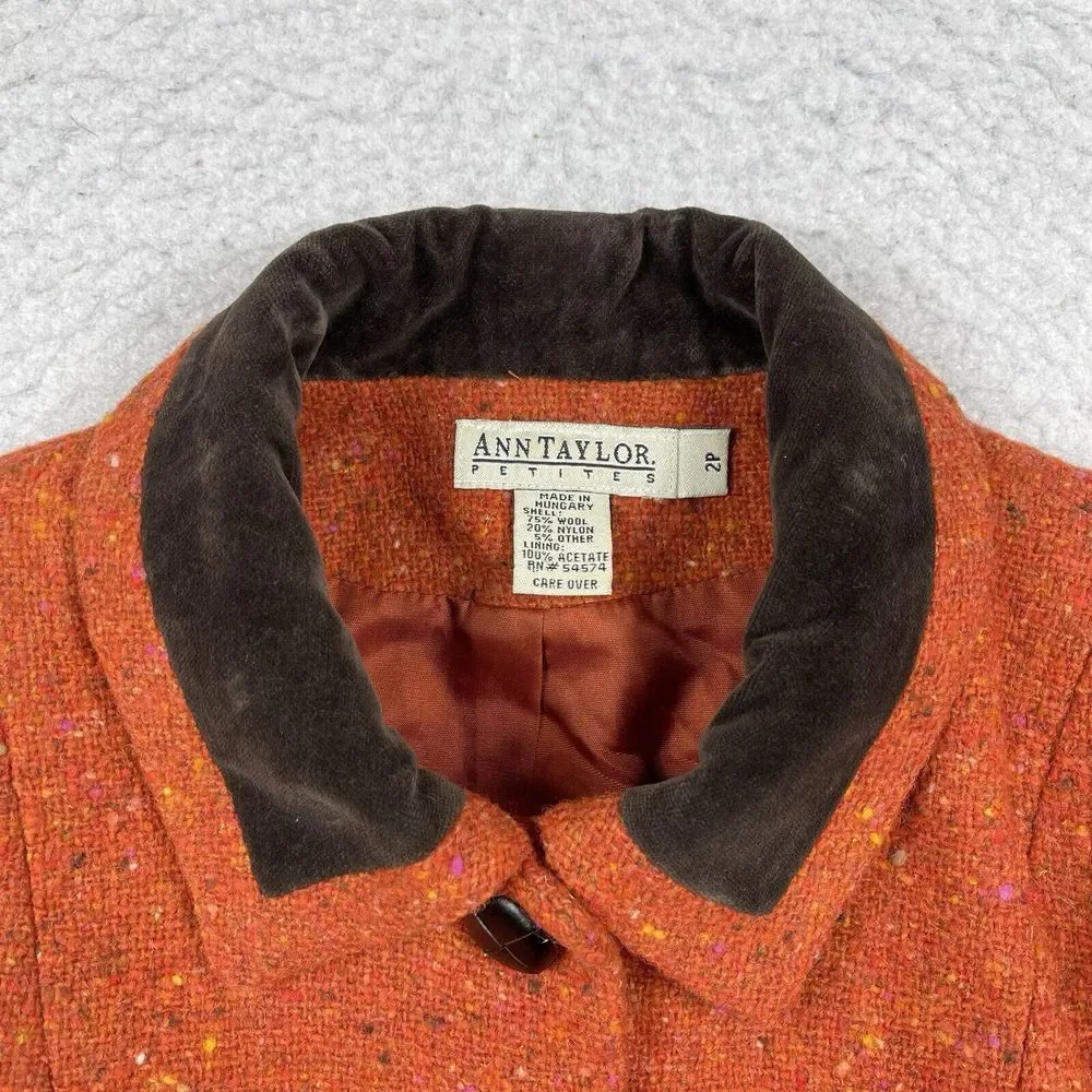 Ann Taylor Jacket Womens 2 Petite Orange Wool Blend Blazer Lined Speckled Career